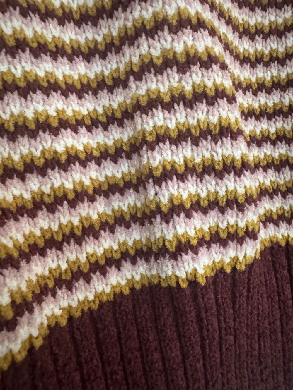 Pink Republic Striped V-Neck Sweater in Burgundy, Cream & Mustard cropped - Picture 6 of 7